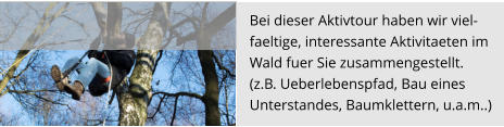 Bei dieser Aktivtour haben wir viel- faeltige, interessante Aktivitaeten im  Wald fuer Sie zusammengestellt.  (z.B. Ueberlebenspfad, Bau eines  Unterstandes, Baumklettern, u.a.m..)