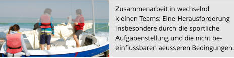 Zusammenarbeit in wechselnd  kleinen Teams: Eine Herausforderung  insbesondere durch die sportliche  Aufgabenstellung und die nicht be- einflussbaren aeusseren Bedingungen.